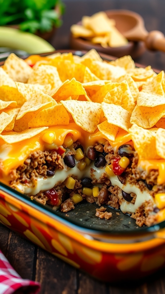 A hearty 5-layer casserole with ground beef, cheese, and tortilla chips, served in a baking dish.